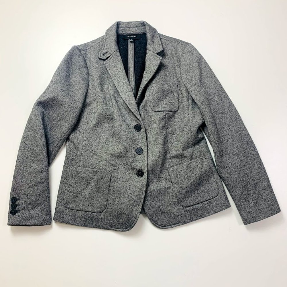 Talbots Wool Grey Three Button Blazer Tweed Sz 10